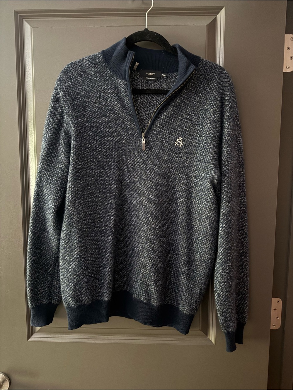 Men's Textured Half-Zip Cashmere Sweater in Navy with Subtle Logo